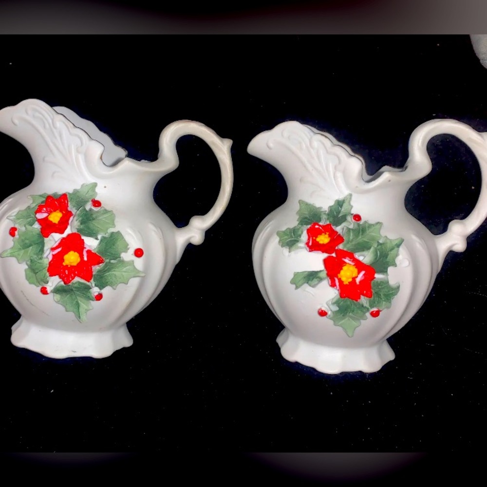 Vintage Lefton Christmas pitchers/ creamers haindpainted poinsettias